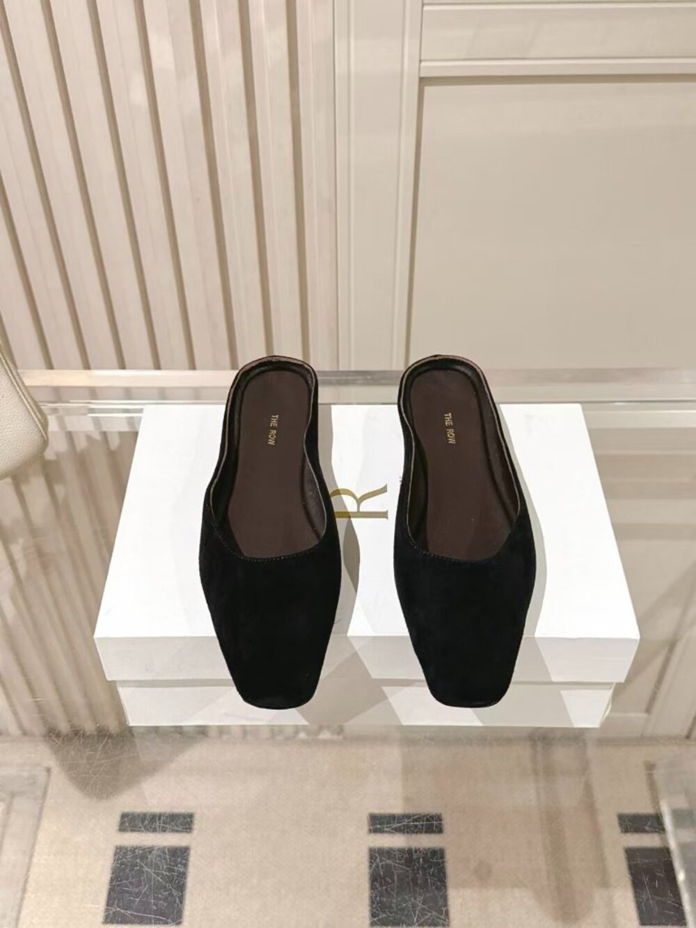The Row Black Suede Square‑Toe Backless Mule Flats
